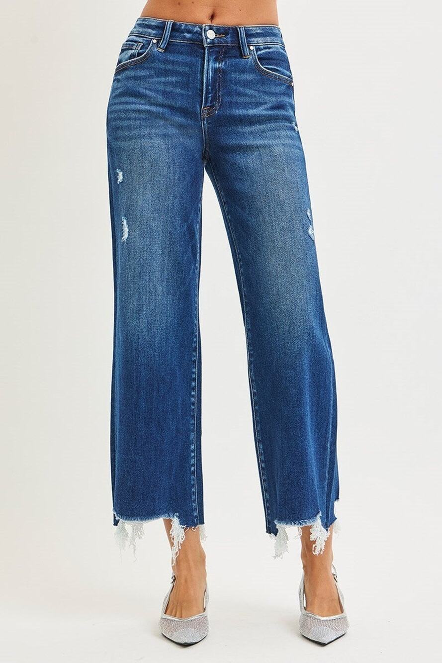 Risen Jeans Womens 13/31 High Rise Crop Wide Leg Distressed Raw Hem Stretch